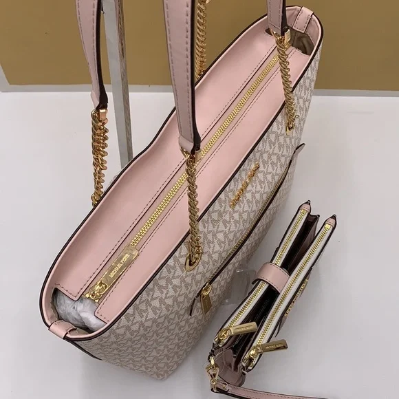 MICHAEL KORS Medium Zip Front Logo Chain Tote Bag & LARGE DOUBLE ZIP WRISTLET - Picture 6 of 16